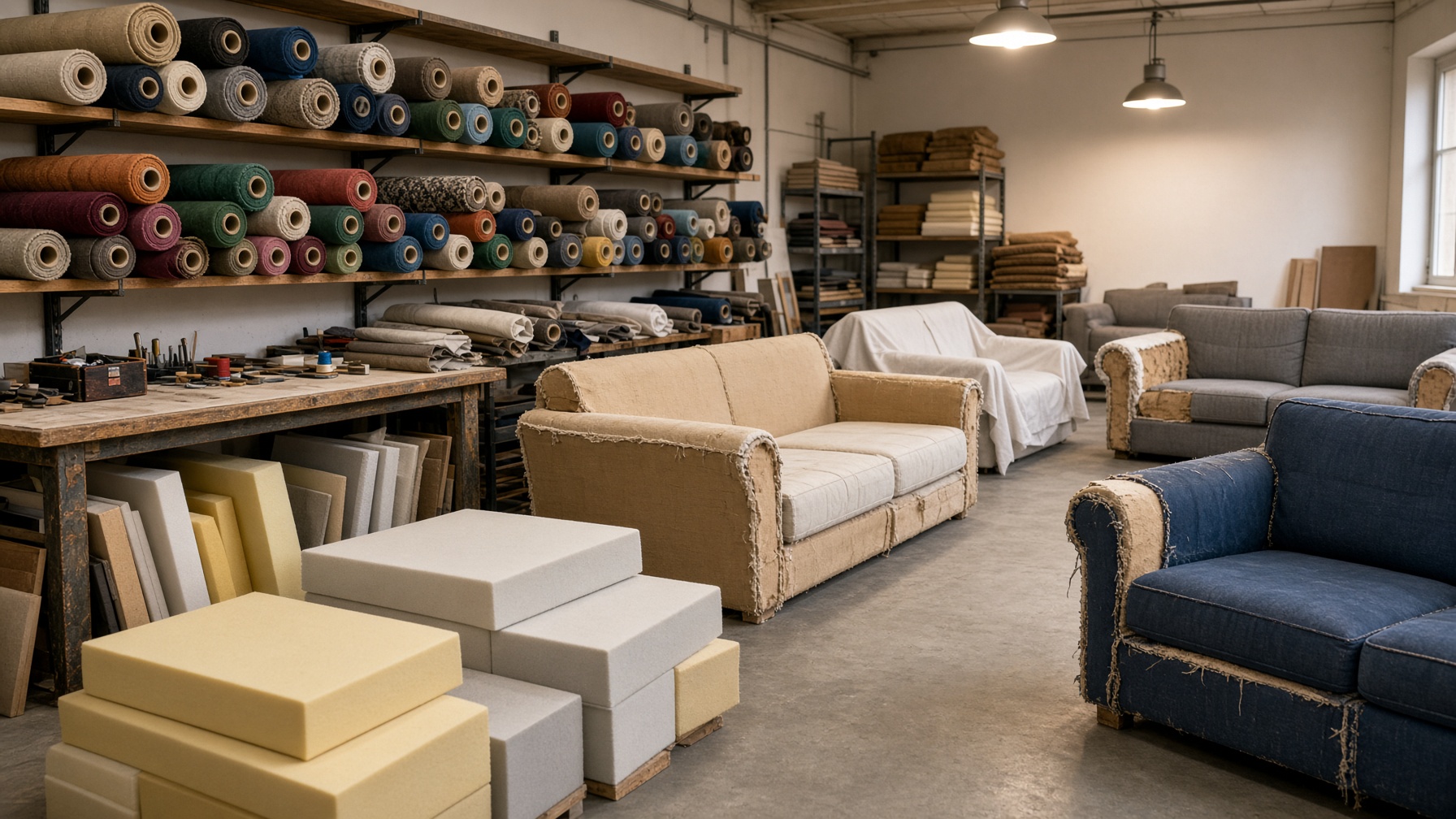 Sahil Sofa Furnishing workshop with sofas in repair